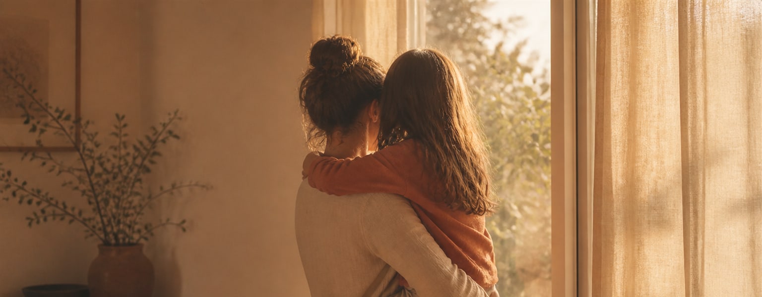 A parent holding an older child in a quiet everyday moment.